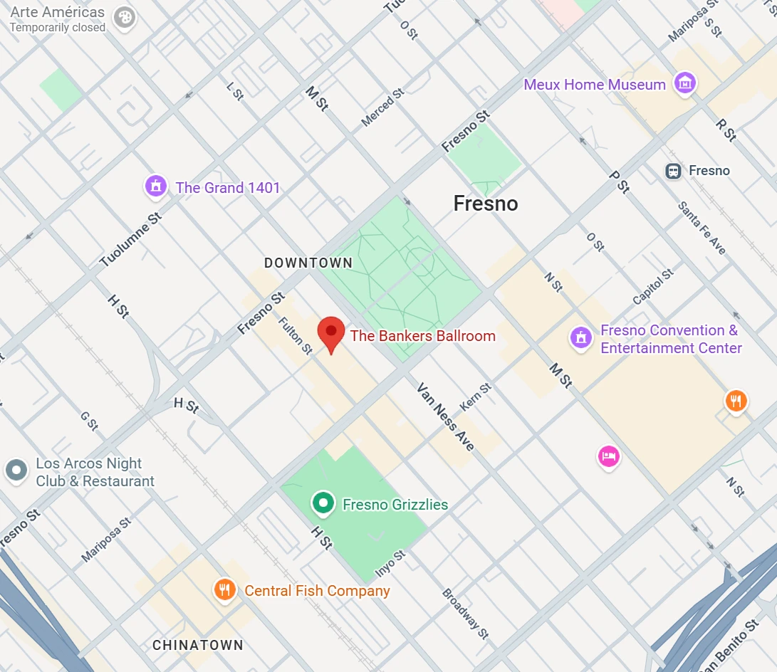 Map of Downtown Fresno with The Bankers Ballroom marked on Fulton St, between Fresno St and Van Ness Ave