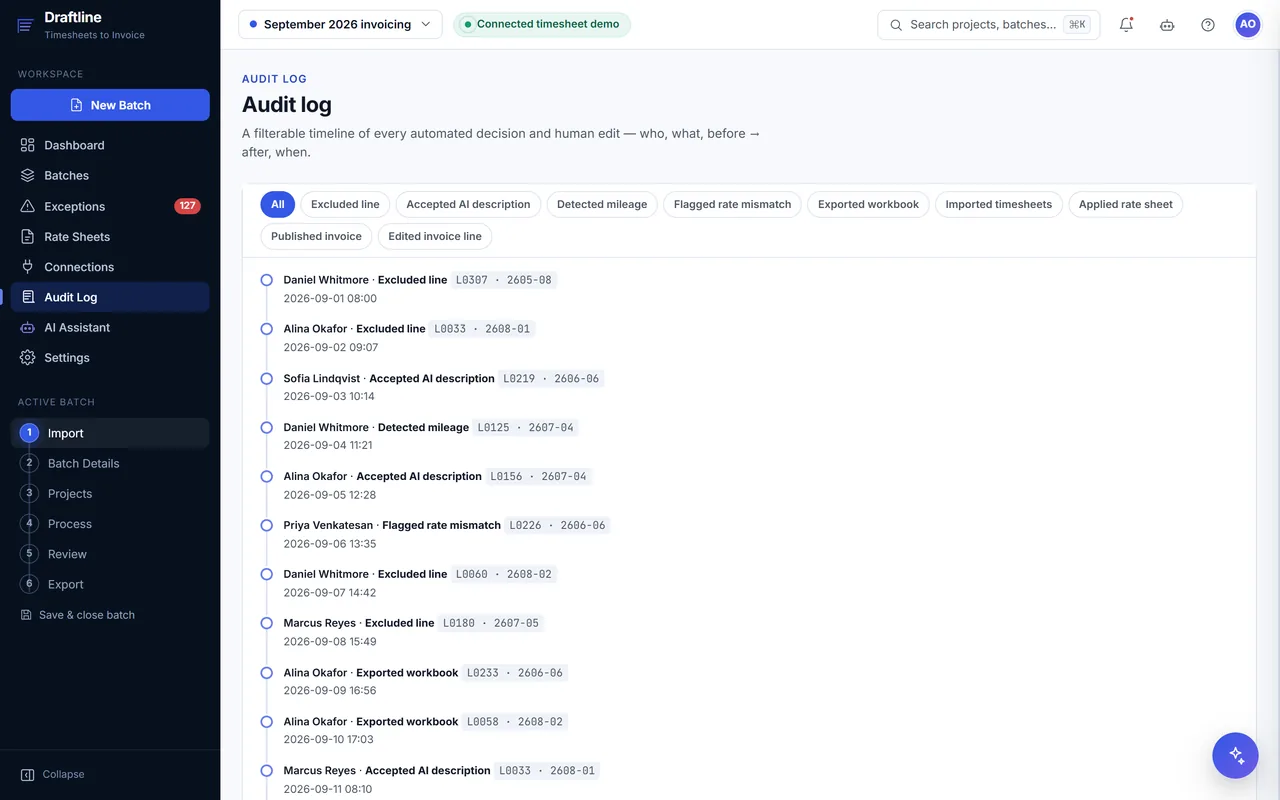Audit log of imports, accepted suggestions, excluded lines and exports