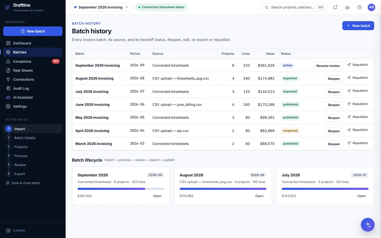 Batch history with period, source, lines, value and status