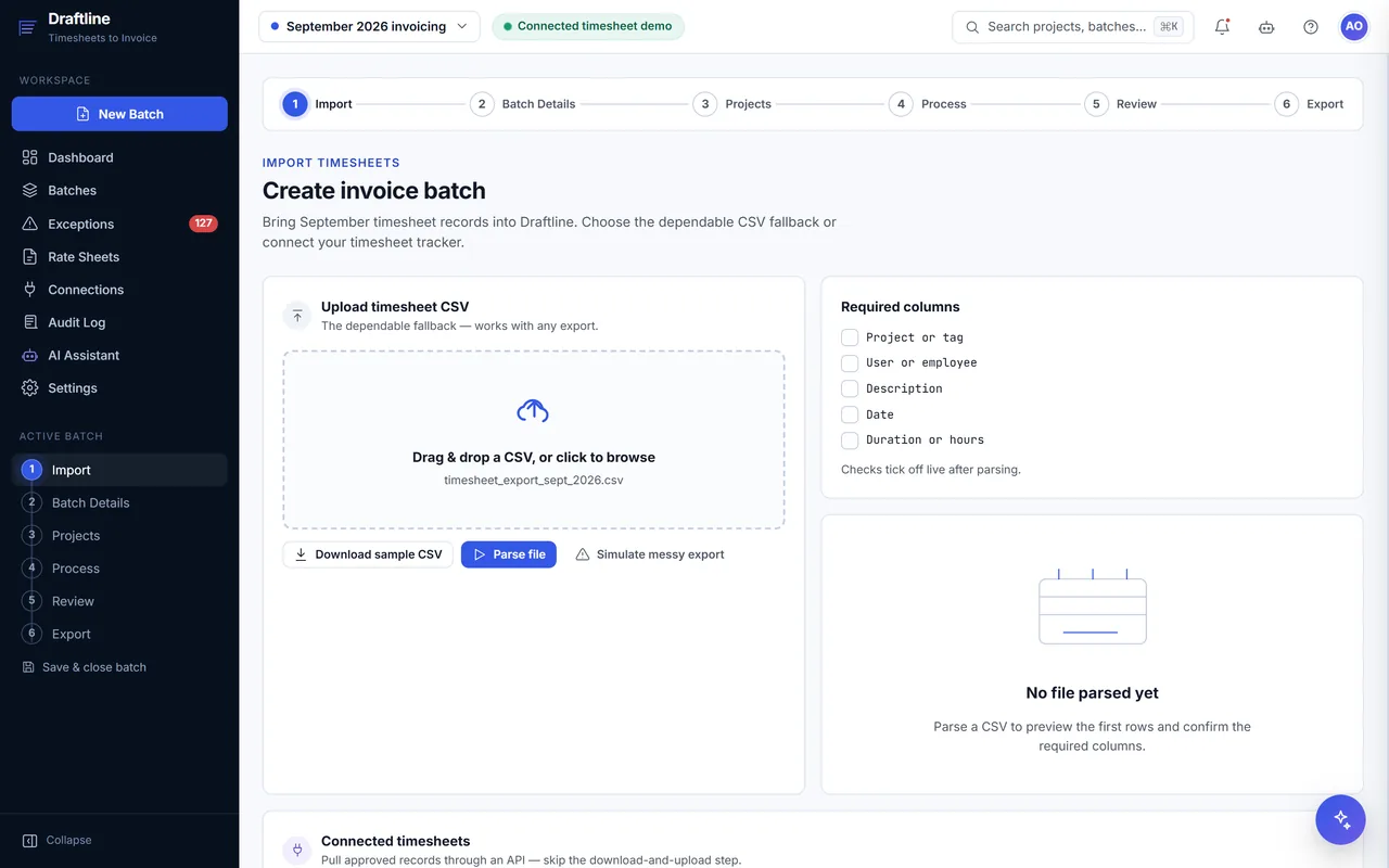 Import step with a file upload, the required columns and connected timesheets