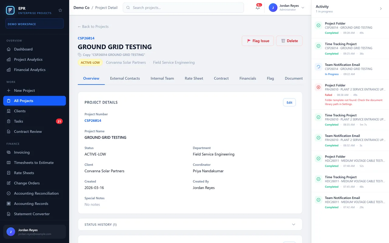 Project record with project details, scope and classification