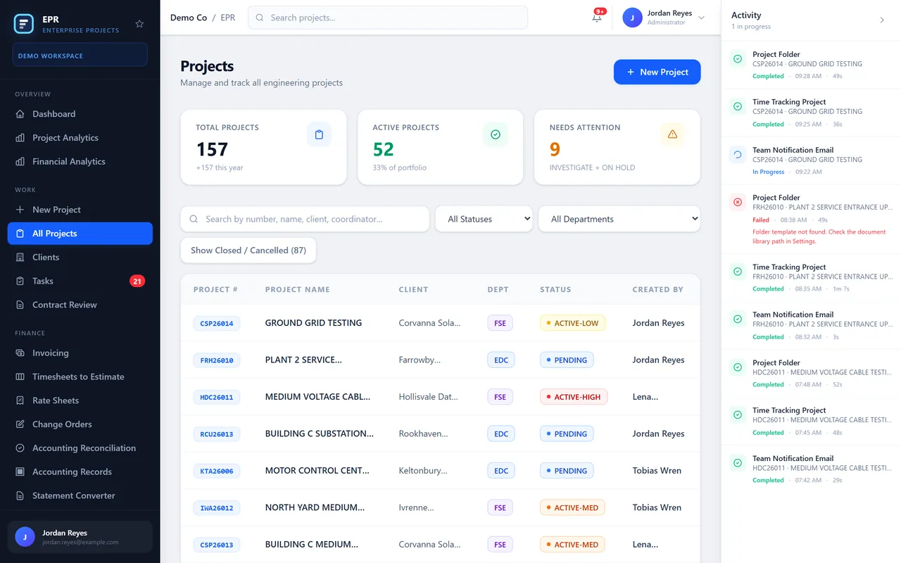Project list with number, name, client, department and status