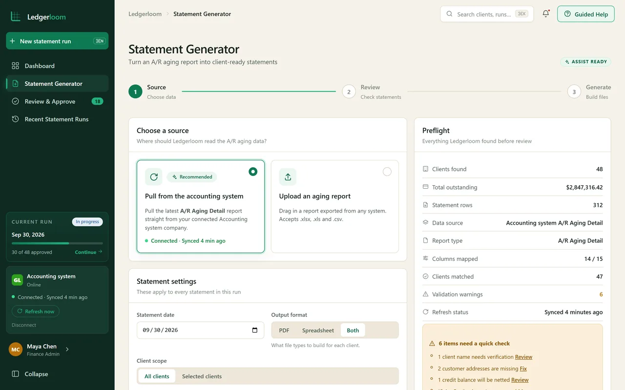 Statement generator: choose a source, set the statement date and output format, with the preflight summary on the right