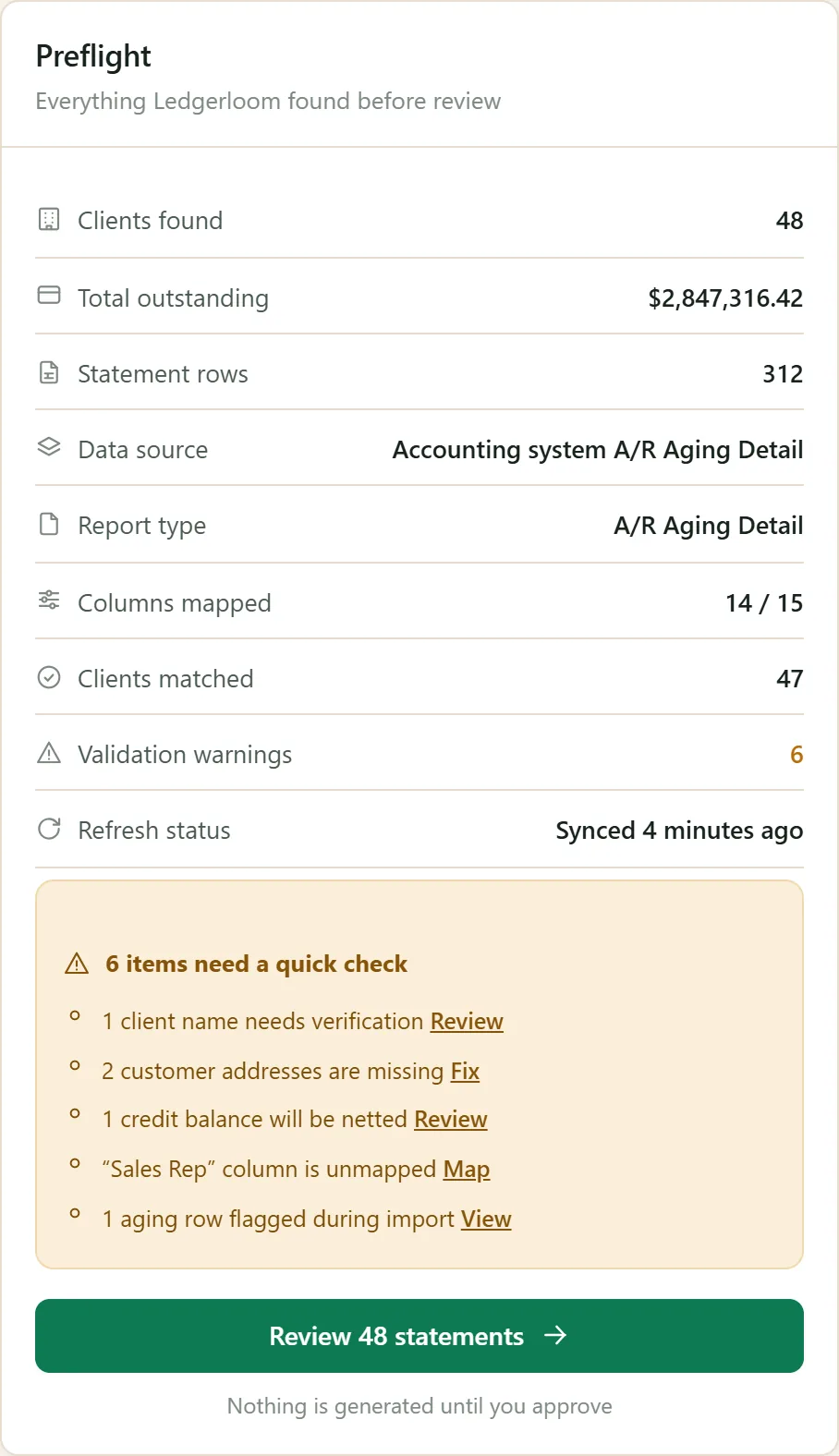 Preflight panel listing clients found, rows, columns mapped and six items that need a quick check
