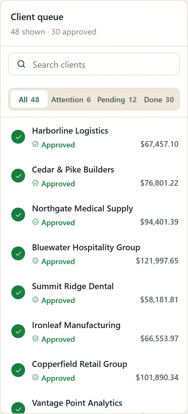 Client queue with approved and pending clients