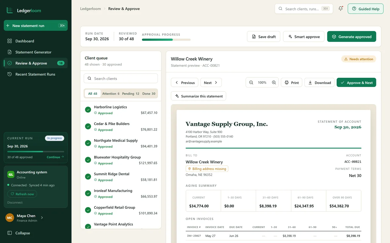Review and approve screen with the client queue, approval progress and a statement preview