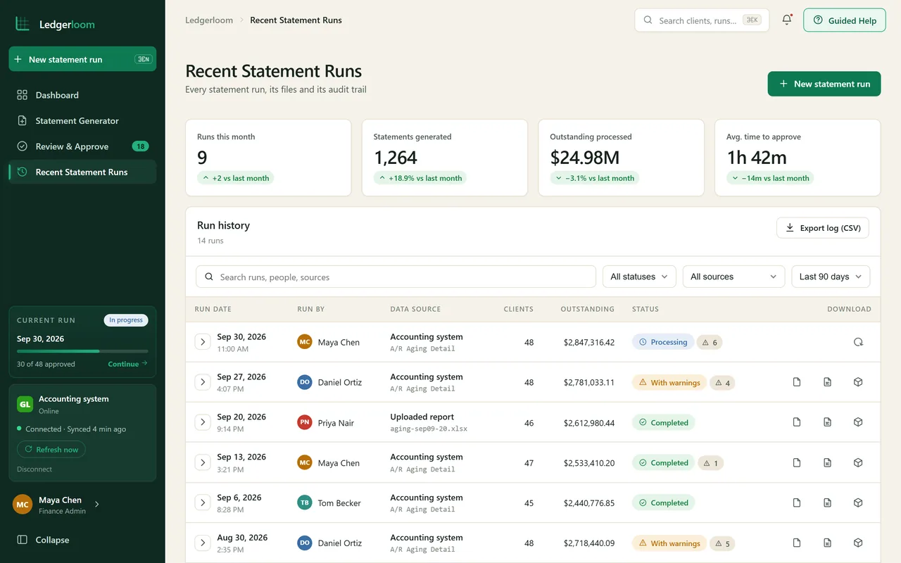 Recent statement runs with date, person, data source, number of clients, status and downloads