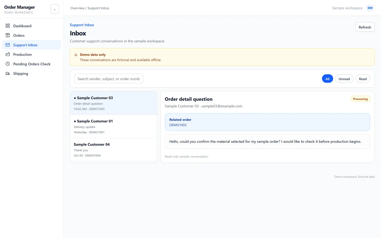 Support inbox with a customer message linked to its order