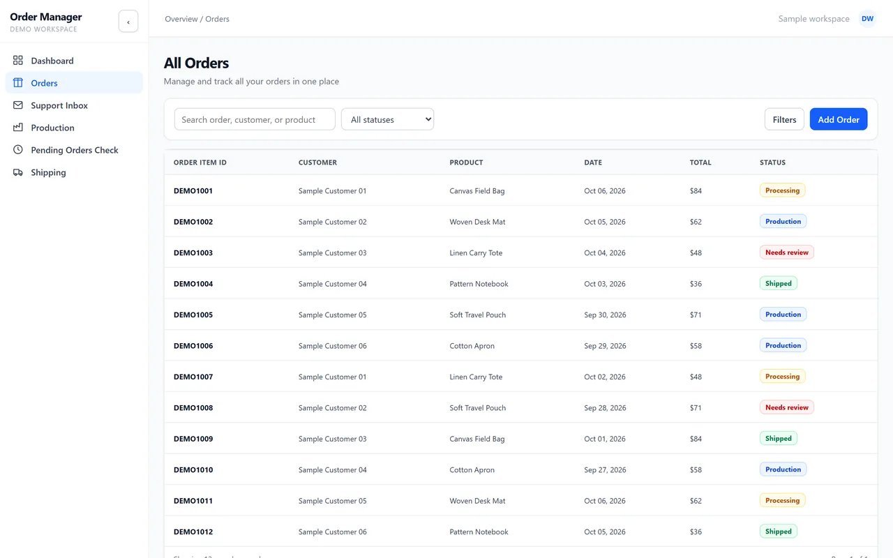 Order list with customer, product, date, total and status