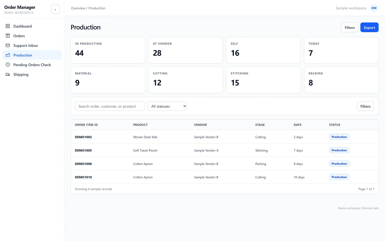 Production view with orders per stage and vendor