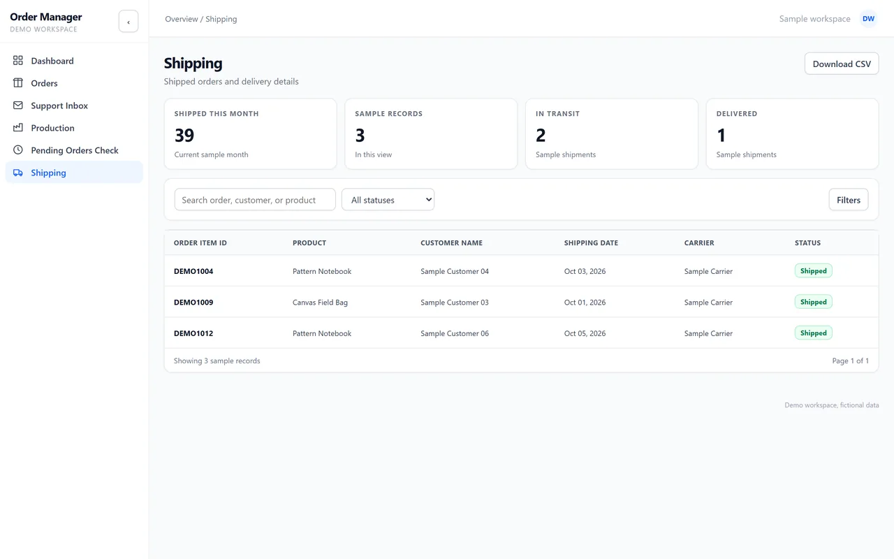 Shipping list with order, product, customer, date, carrier and status