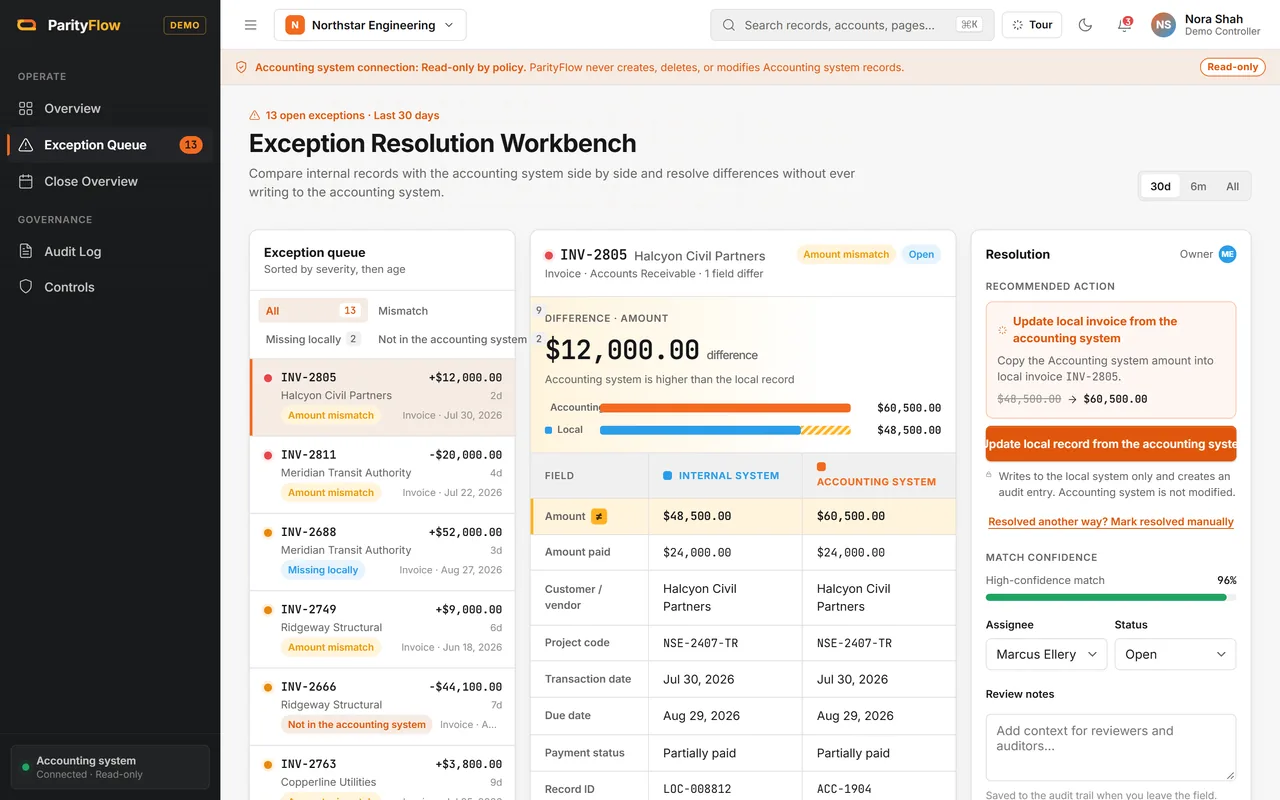 Exception queue next to a side by side comparison and a recommended action