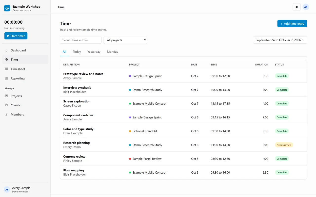 List of time entries with description, person, project, date, time and status